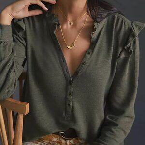 Anthropologie Pilcro Ruffled Henley Top Green Size Small